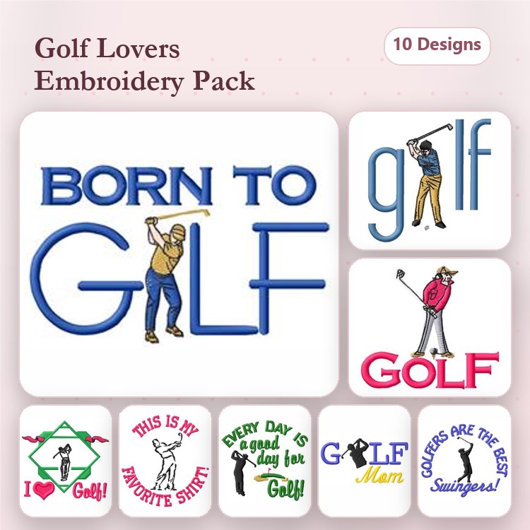 Golf-themed Embroidery Designs Bundle – Born to Golf, Golf Mom, I Love Golf & More (10 Designs)