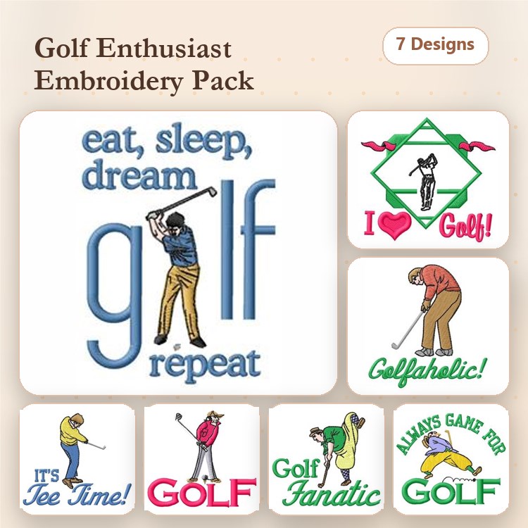 Golf Player Embroidery Bundle – Eat Sleep Dream Golf Repeat, Golf Fanatic, I Love Golf! & More (7 Designs)