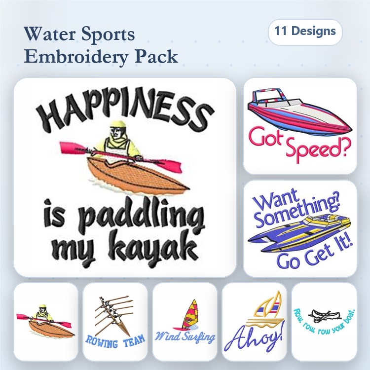 Water Sports Embroidery Designs Bundle – Kayak with Paddler, Speedboat, Sailboat & More (11 Designs)