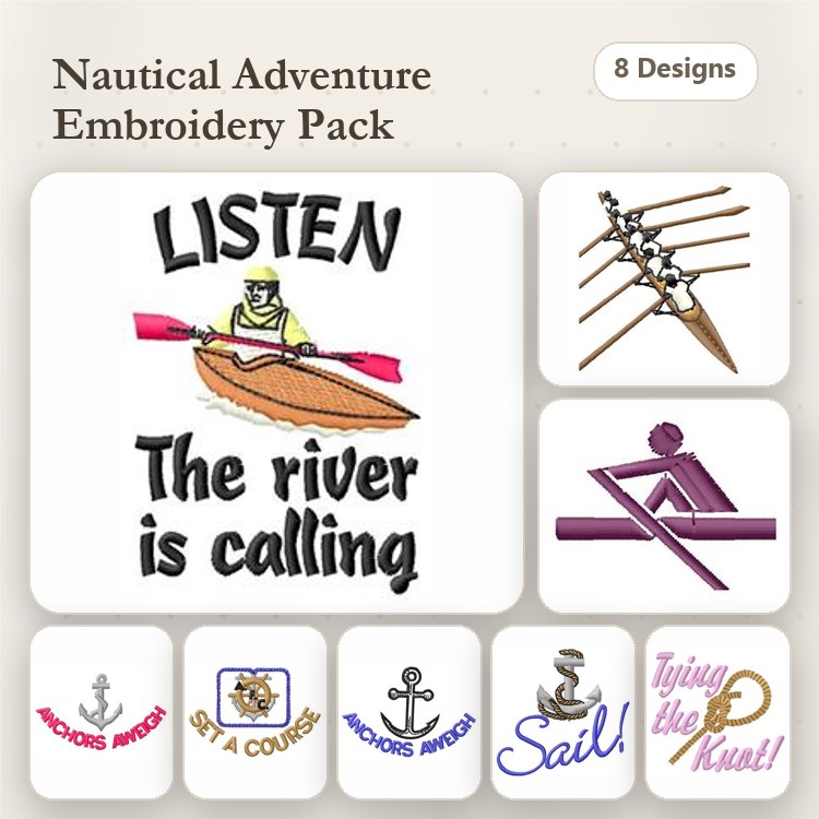 Nautical Adventure Embroidery Designs Bundle – Kayaker, Oars, Anchors & More (8 Designs)