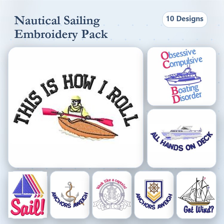 Nautical Sailing Embroidery Designs Bundle – This Is How I Roll, Anchor's Away, Lighthouse & More (10 Designs)