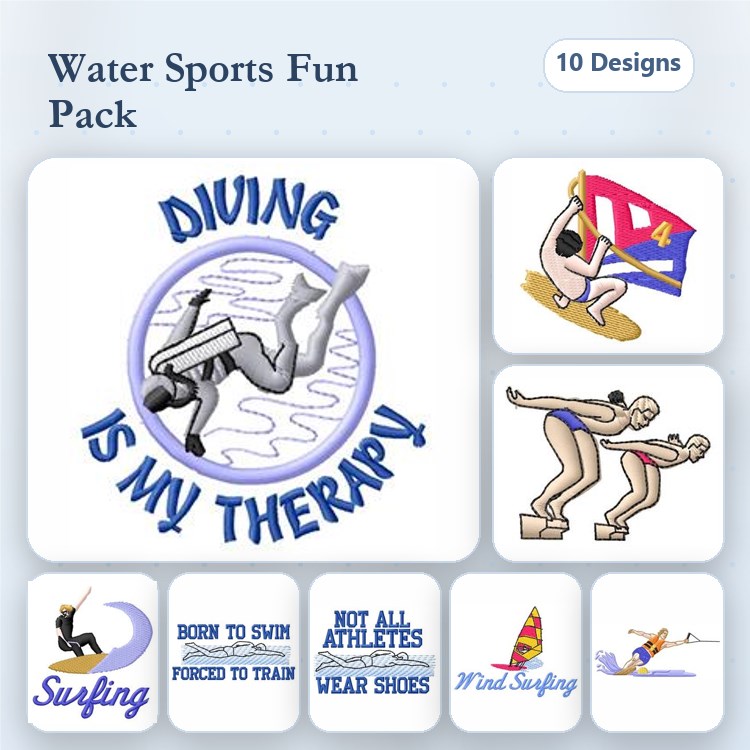 Water Sports Embroidery Designs Bundle – Diving, Surfing, Swimming, & More (10 Designs)