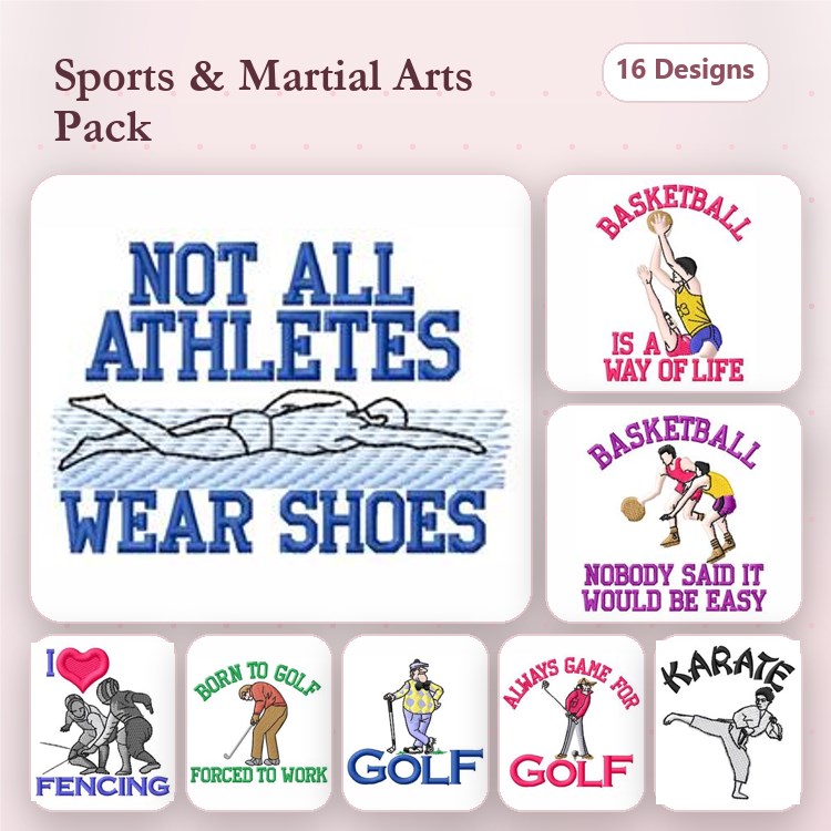 Sports and Martial Arts Embroidery Designs Bundle – Swimming Quote, Basketball Life Quote, I Love Fencing & More (16 Designs)