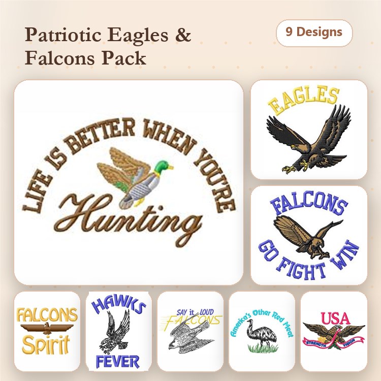 Eagles & Falcons Embroidery Bundle – Life is Better When You're Hunting, Falcons Spirit, USA & More (9 Designs)