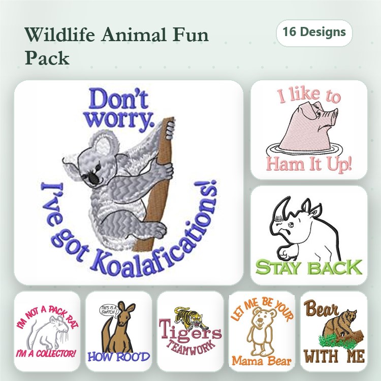 Funny Wildlife Animal Sayings Embroidery Bundle – Koala, Pig, Bear & More (16 Designs)