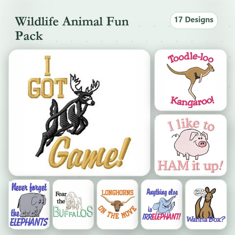 Wildlife Animals Embroidery Designs Bundle – Moose, Kangaroo, Elephant, Buffalo & More (17 Designs)