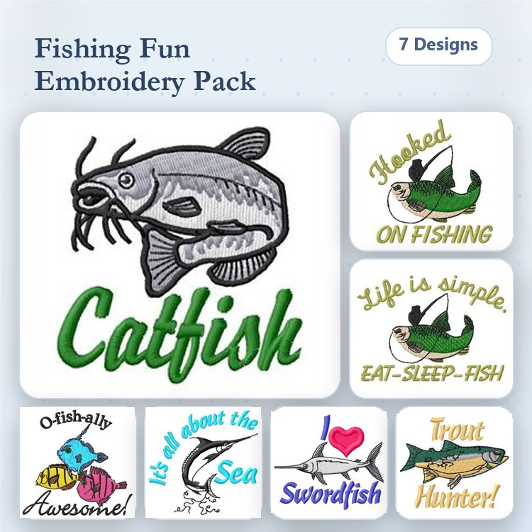 Fishing Fun Embroidery Designs Bundle – Catfish, Hooked On Fishing, Eat-Sleep-Fish & More (7 Designs)