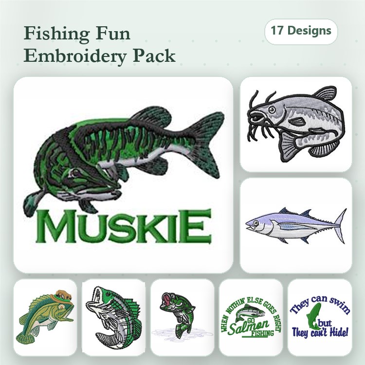 Fishing Themed Embroidery Designs Bundle – Muskie, Catfish, Bass, Salmon & More (17 Designs)