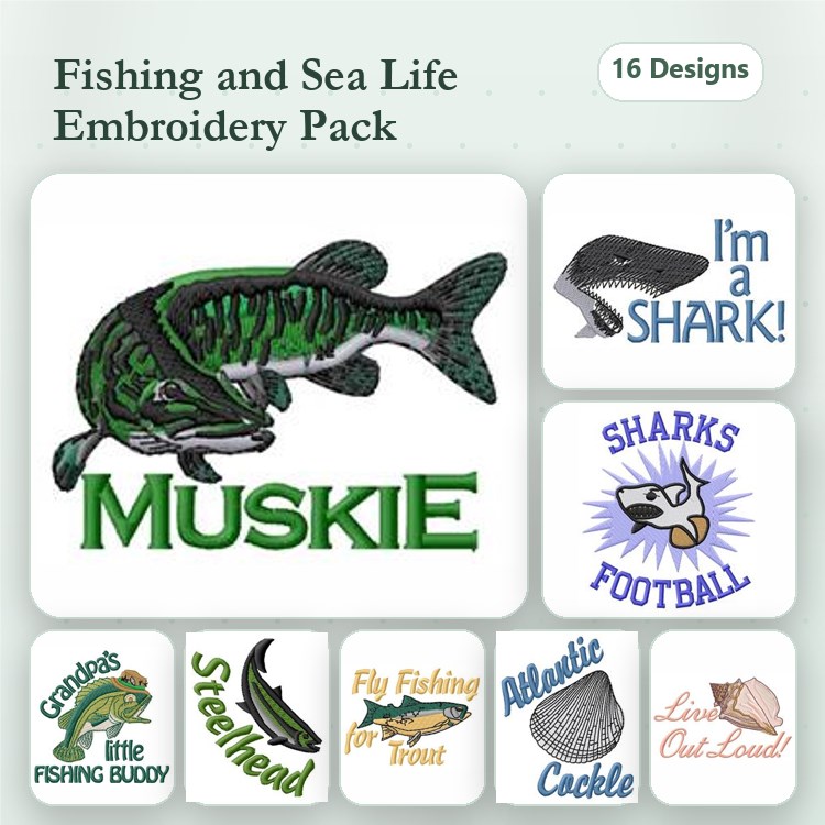 Fishing and Sea Life Embroidery Bundle – Muskie, Shark, Trout, Fishing Buddy & More (16 Designs)
