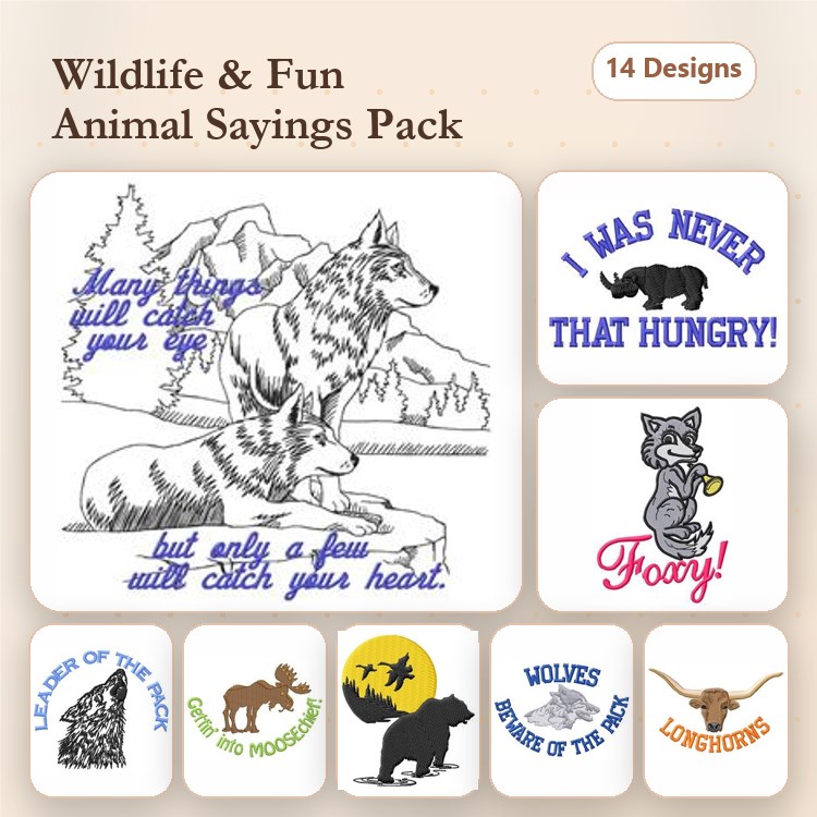 Animal Sayings Embroidery Bundle – Wolf with Mountain, Raccoon with Text, Horse with Text & More (14 Designs)