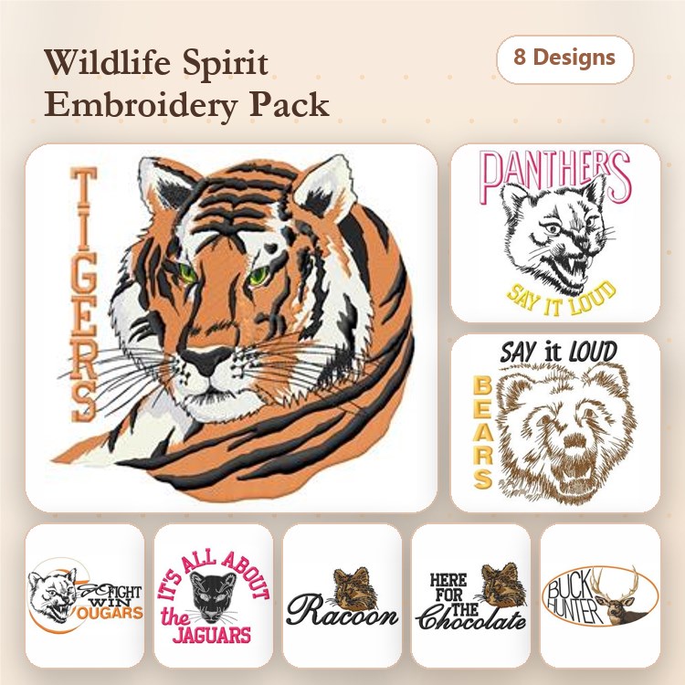 Wildlife Spirit Embroidery Bundle – Tiger Head, Panther, Bear & More (8 Designs)