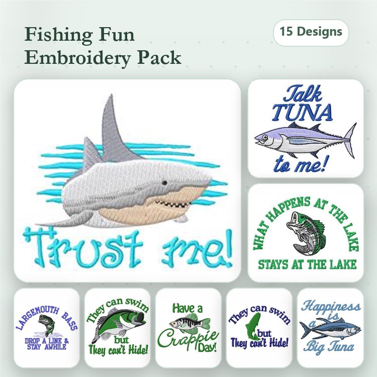 Fishing Themed Embroidery Designs Bundle – Great White Shark, Talk Tuna to Me, Have a Crappie Day & More (15 Designs)