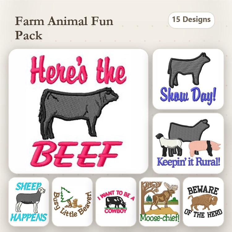 Farm Animal Embroidery Bundle – Here's the Beef, Sheep Happens, Busy Little Beaver & More (15 Designs)