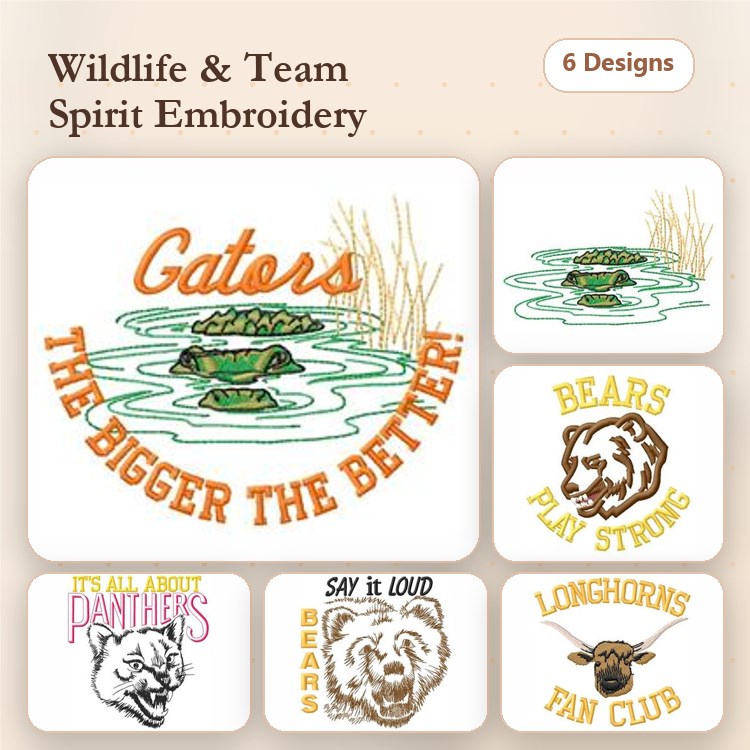 Wildlife Spirit Embroidery Bundle – Gators with Pond, Panthers with Team Motto, Bears Play Strong & More (6 Designs)