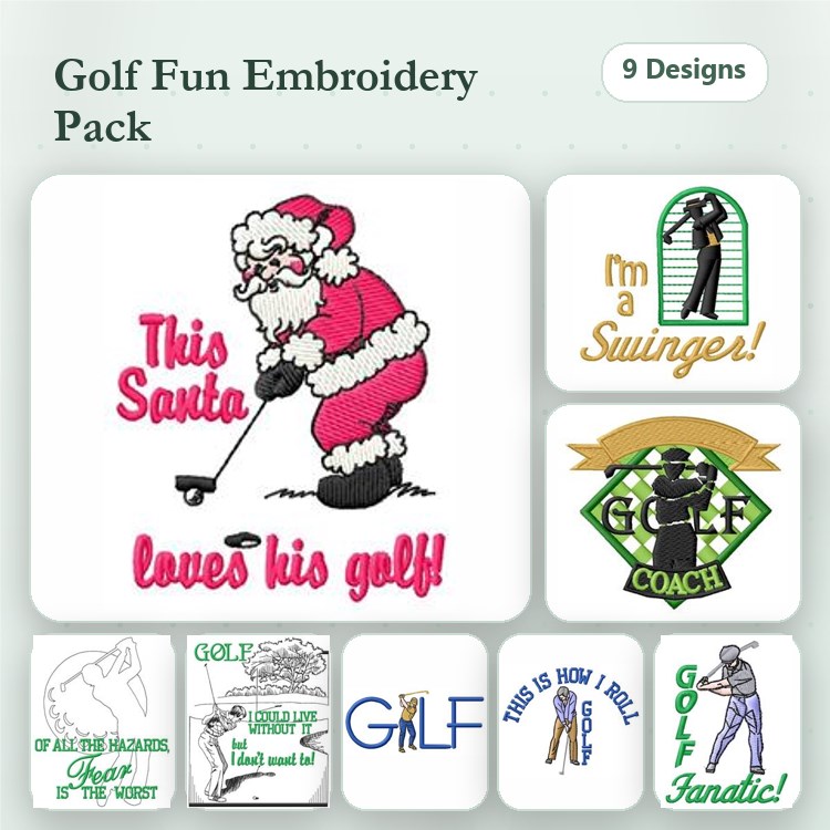 Golf-themed Embroidery Designs Bundle – Santa Golfer, Golf Coach, Golf Humor & More (9 Designs)