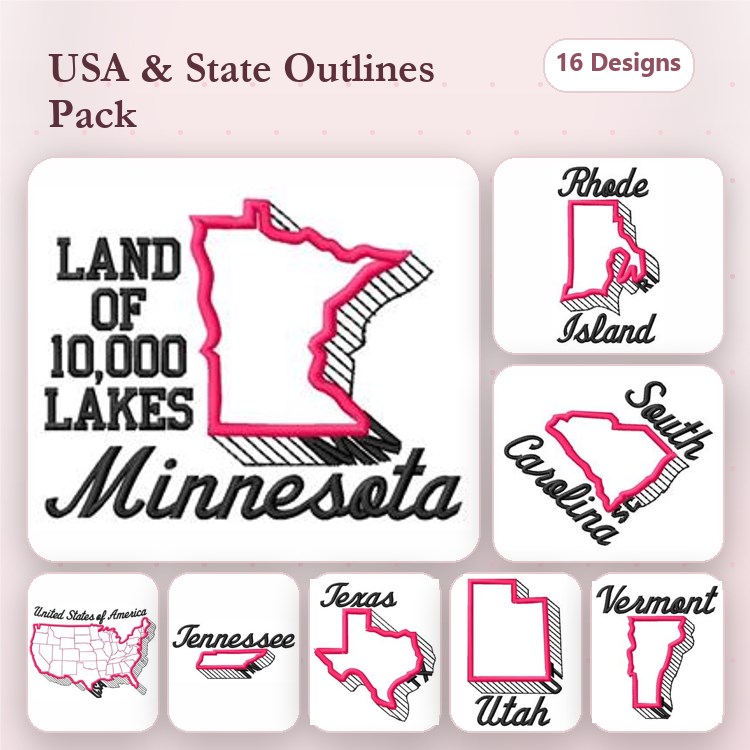 USA and State Outlines Embroidery Designs Bundle – Minnesota, Texas, Tennessee & More (16 Designs)