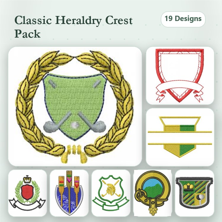 Heraldic Crests & Shields Embroidery Bundle – Heraldry Crest, Ornate Shield with Crown, Crest with Scroll & More (19 Designs)