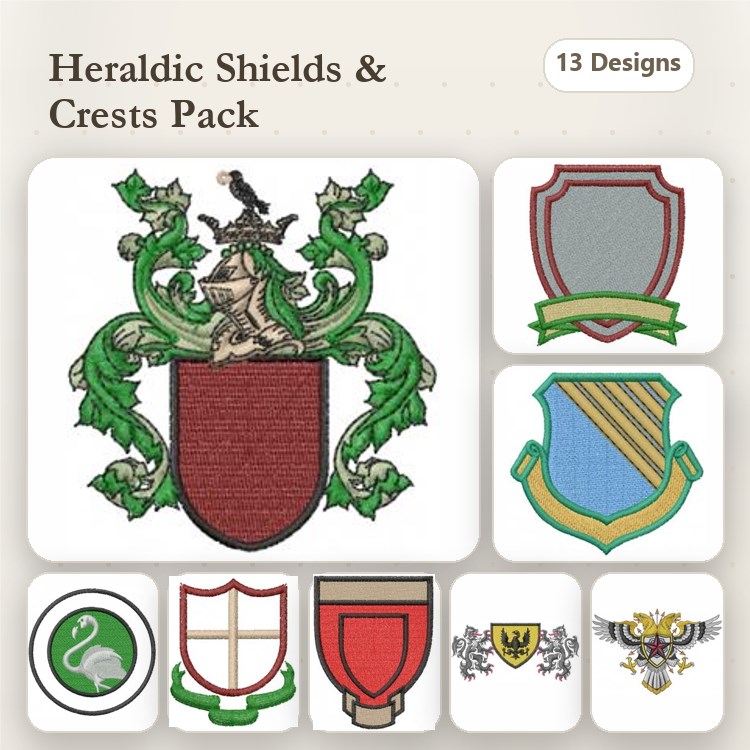 Heraldic Shields and Crests Embroidery Designs Bundle – Crest with Lion, Blank Shields, Decorative Borders & More (13 Designs)