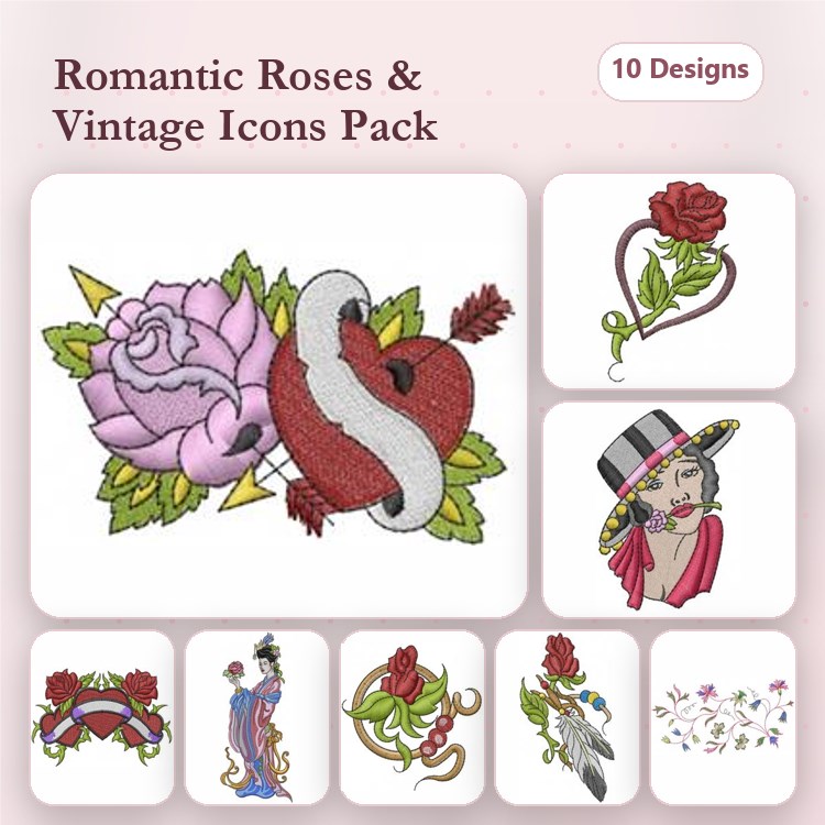 Romantic Roses & Vintage Icons Embroidery Designs Bundle – Rose Bouquet, Heart with Roses, Vintage Lady with Hat & More (10 Designs)