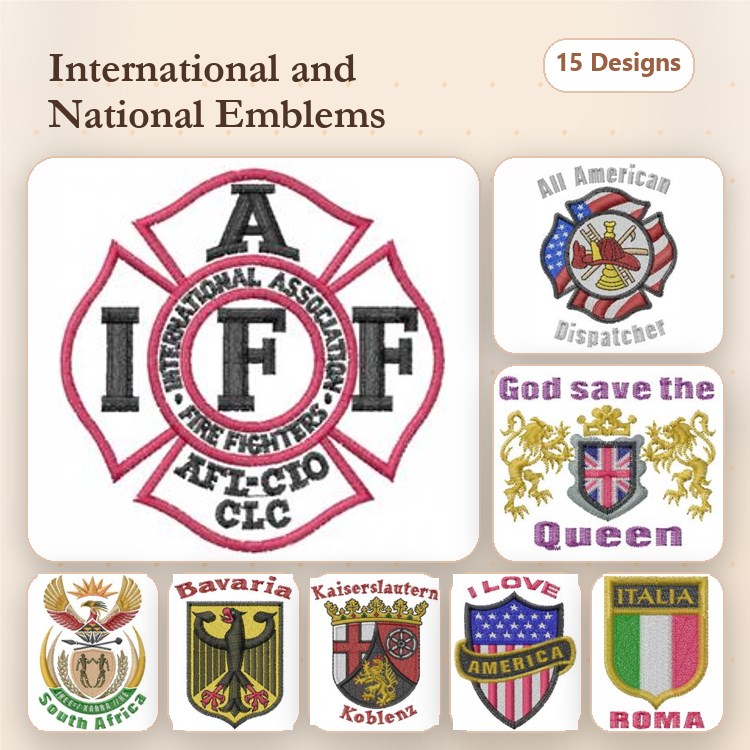 International and National Emblems Embroidery Bundle – Fire Fighters, All American Dispatcher, God Save the Queen & More (15 Designs)