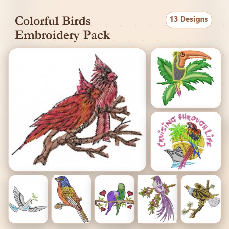 Colorful Birds Embroidery Bundle – Cardinal, Toucan, Parrot, Hummingbird & More (13 Designs)