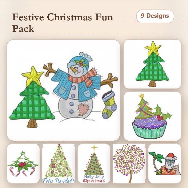 Christmas Themed Embroidery Designs Bundle – Snowman, Christmas Trees, Cupcake & More (9 Designs)
