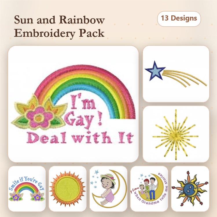 Sun & Rainbow Embroidery Designs Bundle – Rainbow with Flowers, Happy Sun, Shooting Star & More (13 Designs)