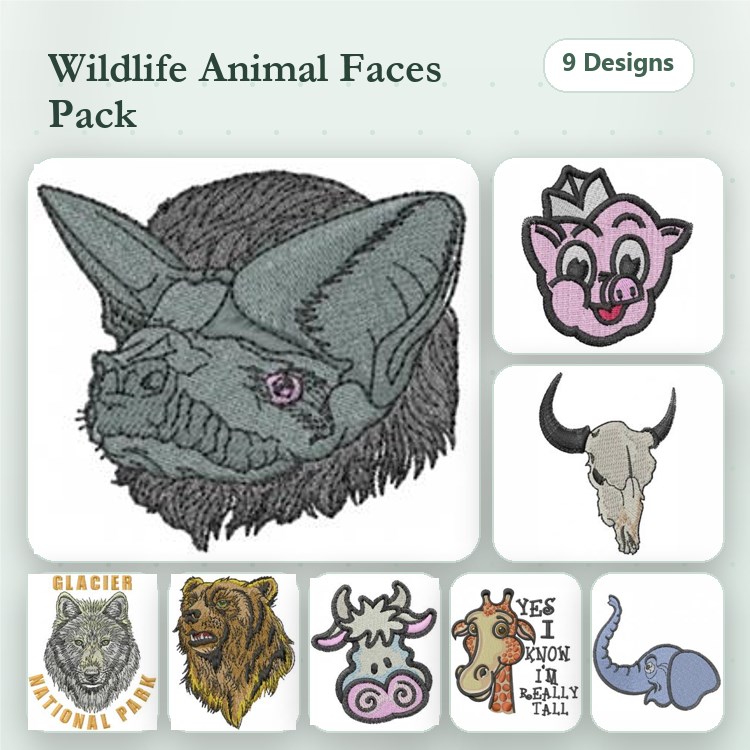 Animal Faces Embroidery Designs Bundle – Bat Face, Pig Face, Wolf Face & More (9 Designs)