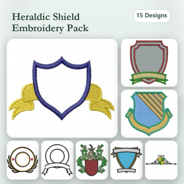 Heraldic Shields Embroidery Bundle – Shield with Banner, Decorative Shield with Floral & More (15 Designs)