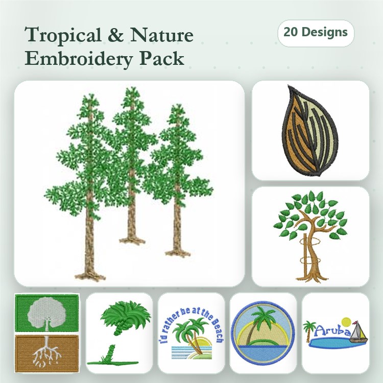 Tropical Nature Embroidery Bundle – Pine Trees, Palm Tree, Island Scene & More (20 Designs)