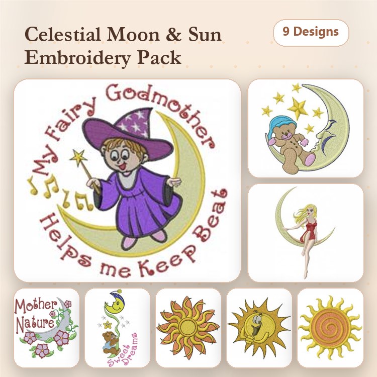 Celestial Moon and Sun Embroidery Designs Bundle – Fairy Godmother, Shining Sun, Teddy Bear with Stars & More (9 Designs)