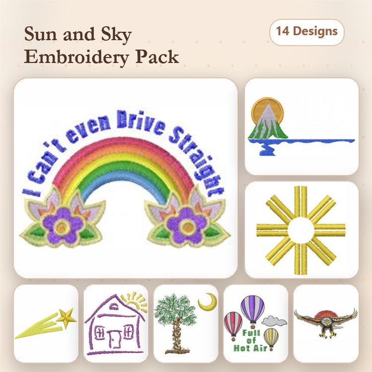 Sun and Sky Embroidery Bundle – Rainbow with Flowers, Mountain Scene, Hot Air Balloon & More (14 Designs)