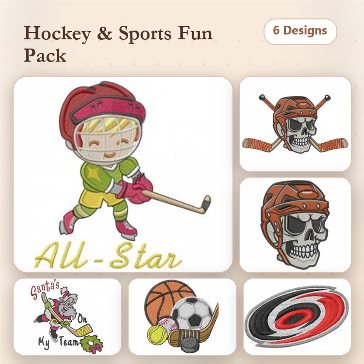Hockey Embroidery Designs Bundle – Hockey Player, Skull with Hockey Helmet, Crossed Hockey Sticks & More (6 Designs)