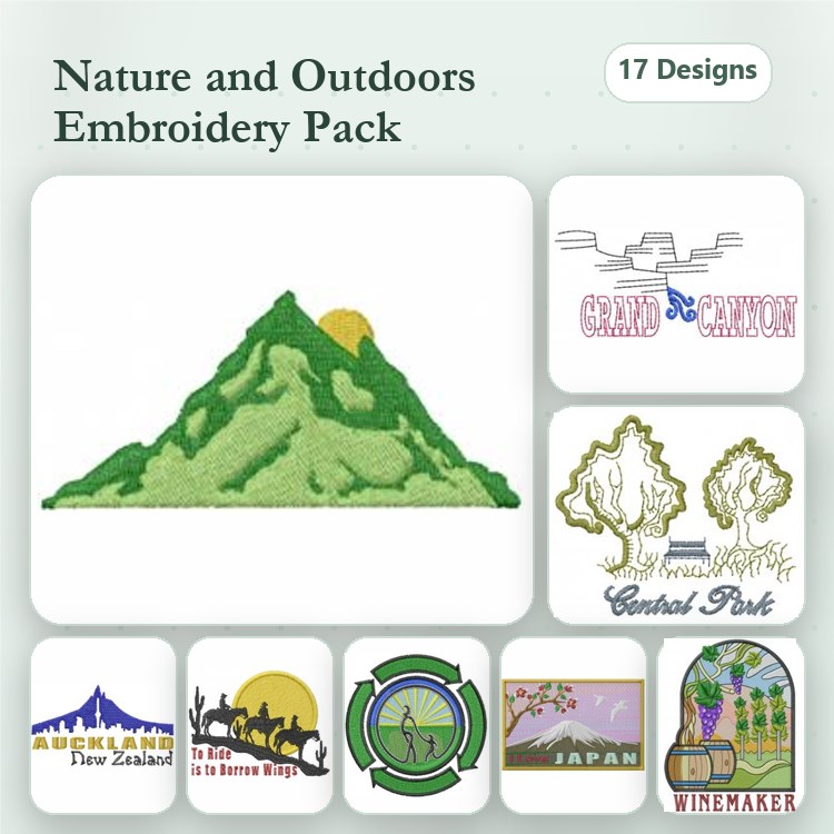 Nature and Outdoors Embroidery Bundle – Mountain with Sun, Central Park, Wine Maker & More (17 Designs)