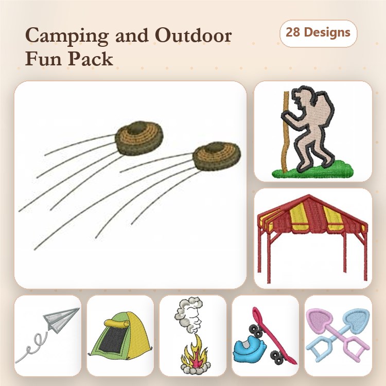 Camping and Outdoor Fun Embroidery Designs Bundle – Tennis Balls, Hiking Man, Gazebo & More (28 Designs)