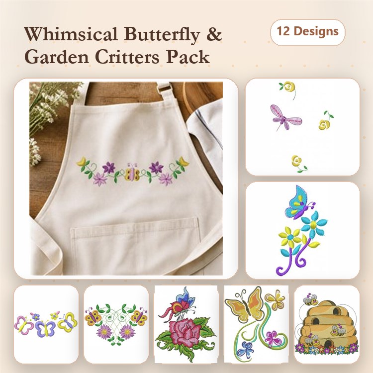 Butterflies & Garden Creatures Embroidery Bundle – Whimsical Butterfly, Garden Flower, Dragonfly & More (12 Designs)