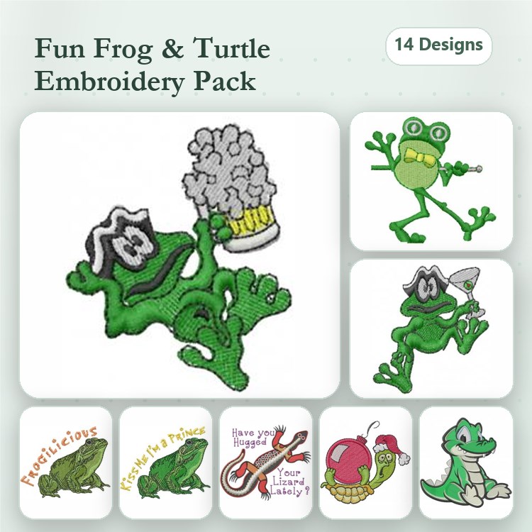 Frog & Turtle Embroidery Designs Bundle – Frog with Beer Mug, Turtle with Hat, Jumping Frog & More (14 Designs)