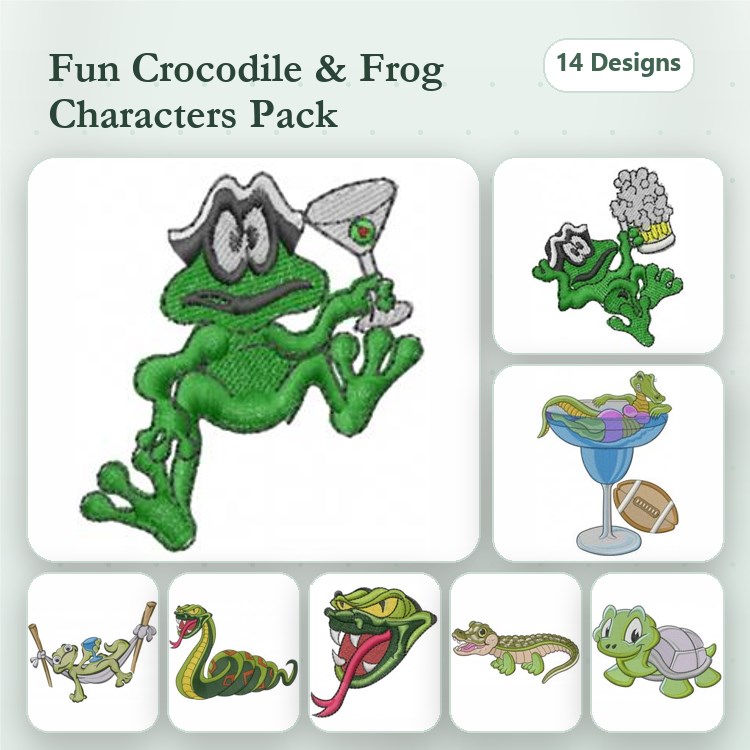 Crocodile & Frog Characters Embroidery Bundle – Frog with Martini, Crocodile with Sunglasses & More (14 Designs)