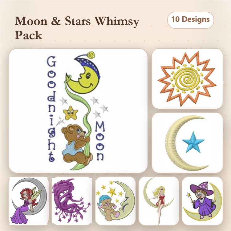 Moon and Stars Embroidery Designs Bundle – Goodnight Moon, Fairy on Moon, Crescent Moon & More (10 Designs)