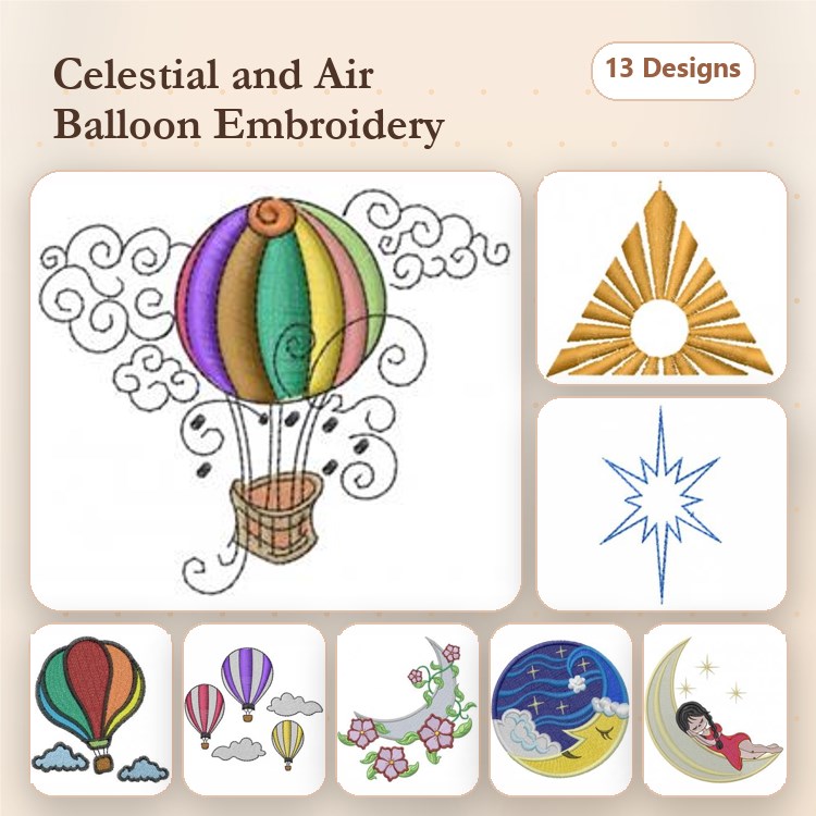 Celestial Air Balloon Embroidery Designs Bundle – Hot Air Balloon, Triangle Sun, Starburst & More (13 Designs)