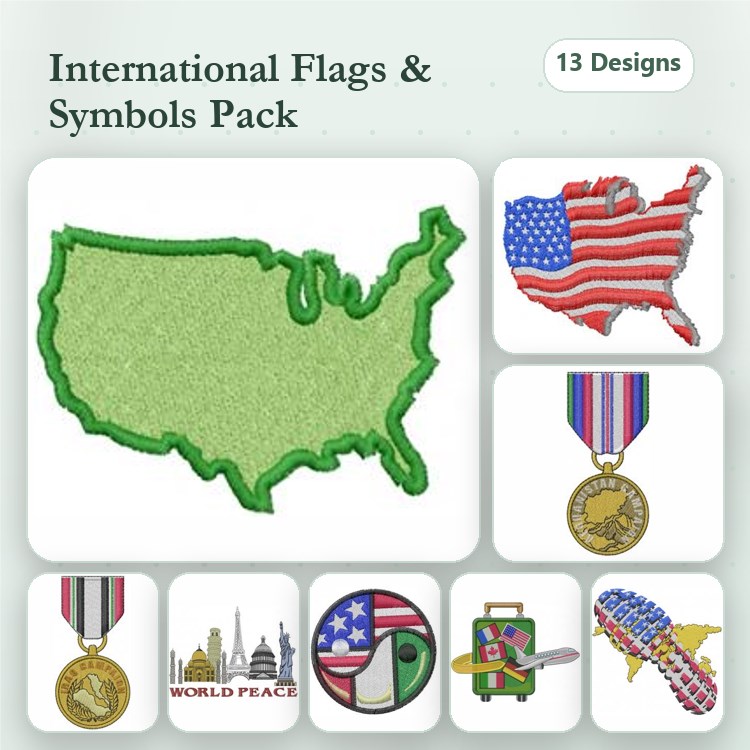 International Flags and Symbols Embroidery Bundle – USA Outline, USA Flag, World Peace Medal & More (13 Designs)