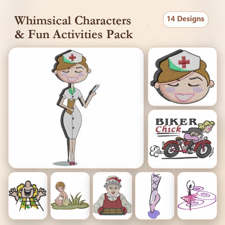 Fun Activities Embroidery Designs Bundle – Nurse with Syringe, Biker Chick, Spa Lady & More (14 Designs)