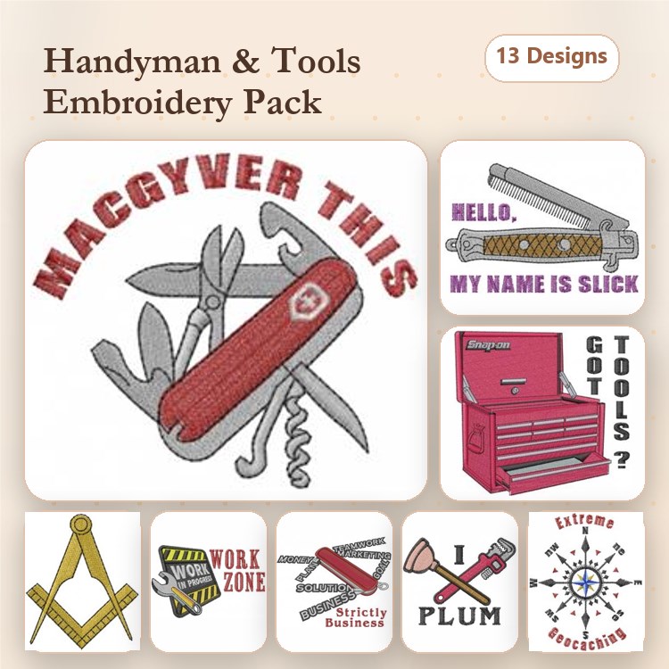 Handyman Tools Embroidery Designs Bundle – MacGyver This, I Plumb, Got Tools? & More (13 Designs)