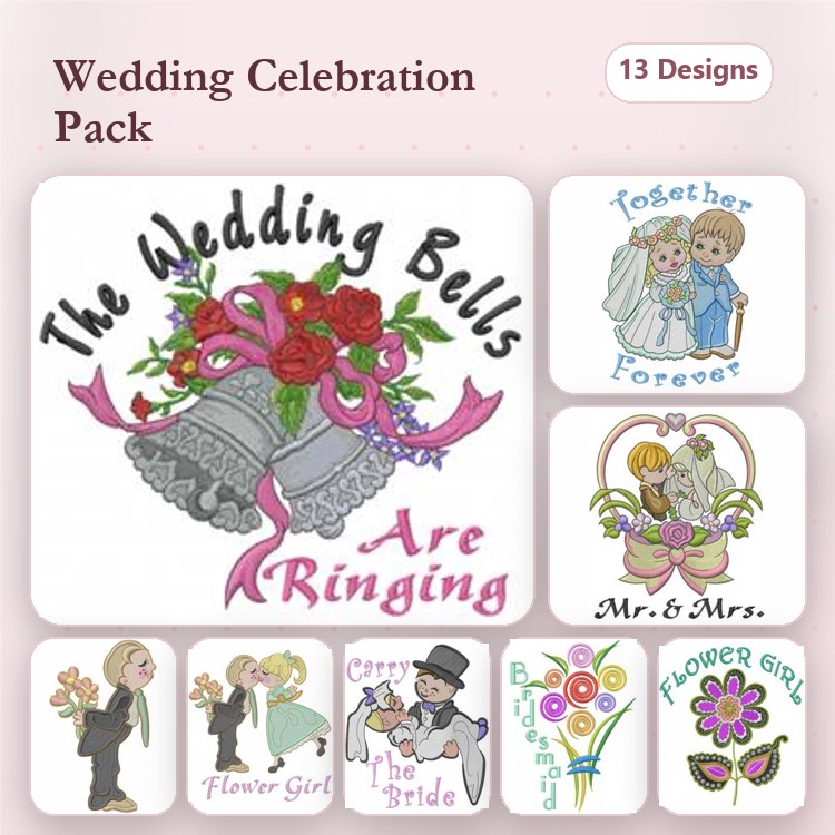 Wedding Celebration Embroidery Designs Bundle – Wedding Bells, Bride, Groom, Flower Girl & More (13 Designs)