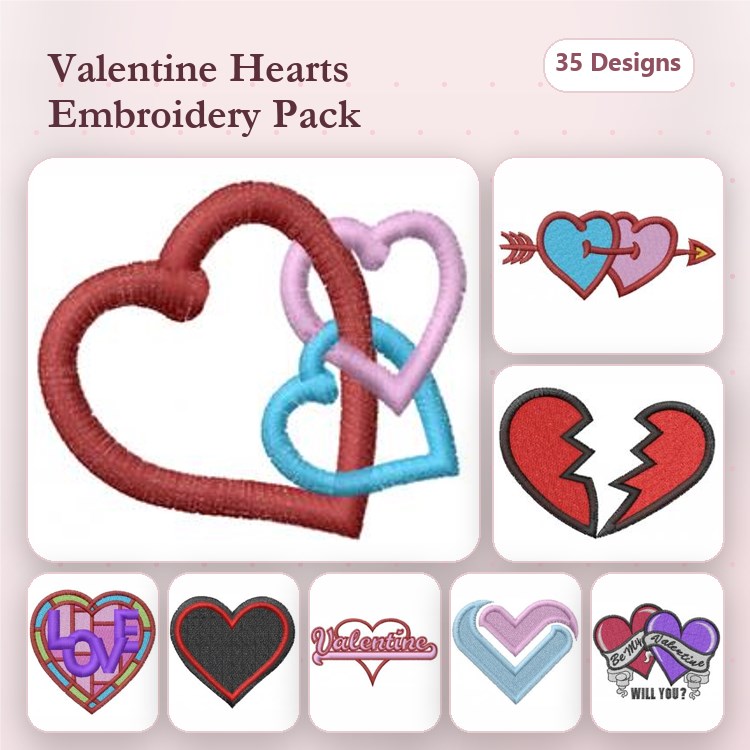 Valentine's Day Hearts Embroidery Designs Bundle – Double Heart, Arrow Heart, Broken Heart & More (35 Designs)