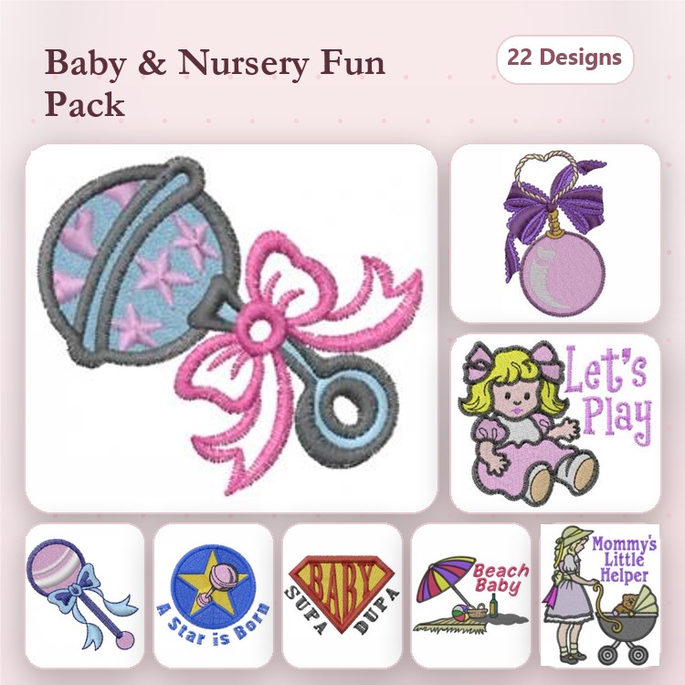Baby and Nursery Embroidery Designs Bundle – Rattle, Baby Girl Ornament, Teddy Bear & More (22 Designs)
