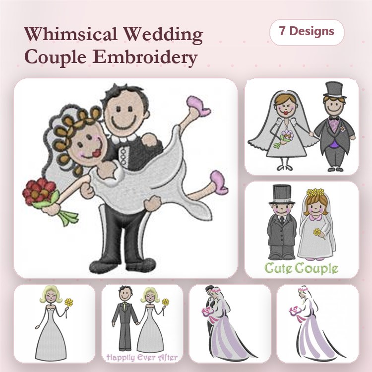 Whimsical Wedding Couples Embroidery Designs Bundle – Bride with Bouquet, Groom with Top Hat, Happy Couple & More (7 Designs)