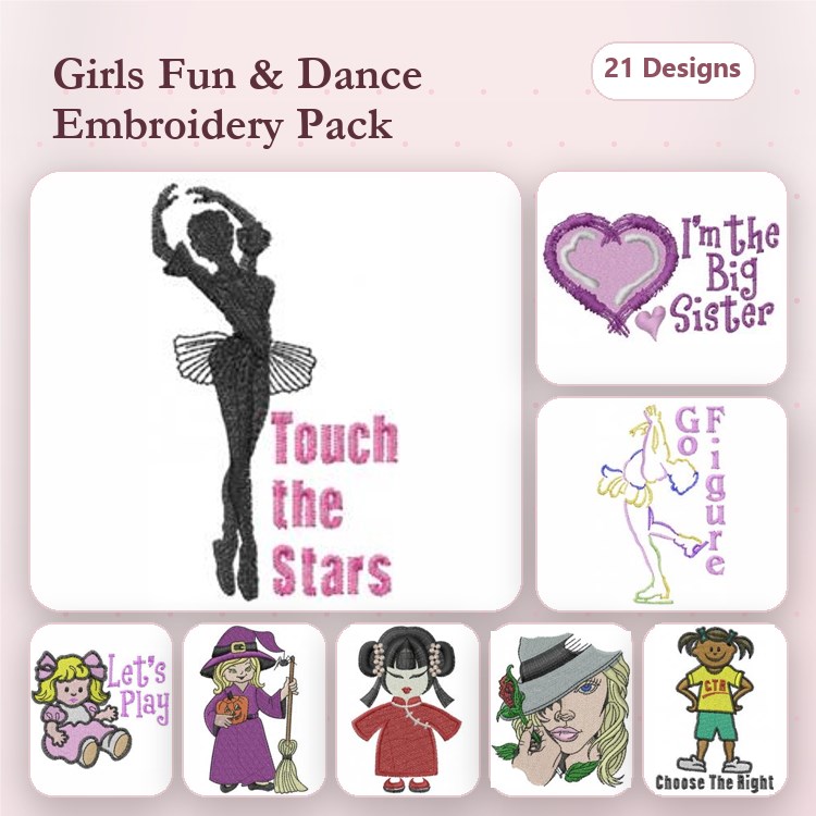 Girls Fun & Dance Embroidery Designs Bundle – Ballet Dancer Silhouette, Witch Character, Girl with Hat & More (21 Designs)