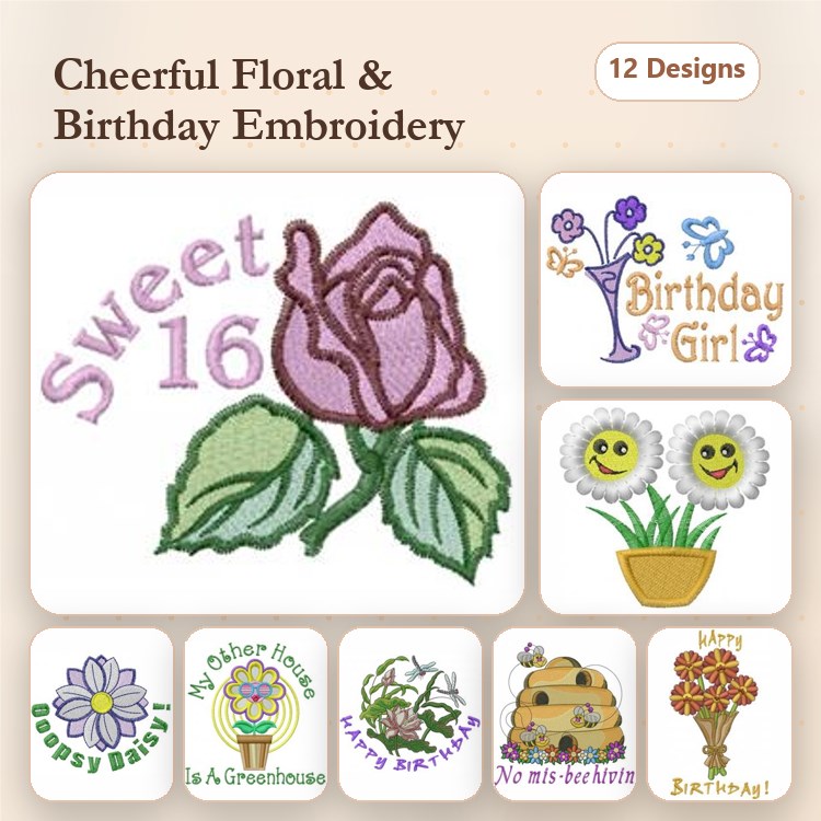 Floral & Birthday Embroidery Designs Bundle – Sweet 16 Rose, Birthday Girl, Cheerful Daisy & More (12 Designs)