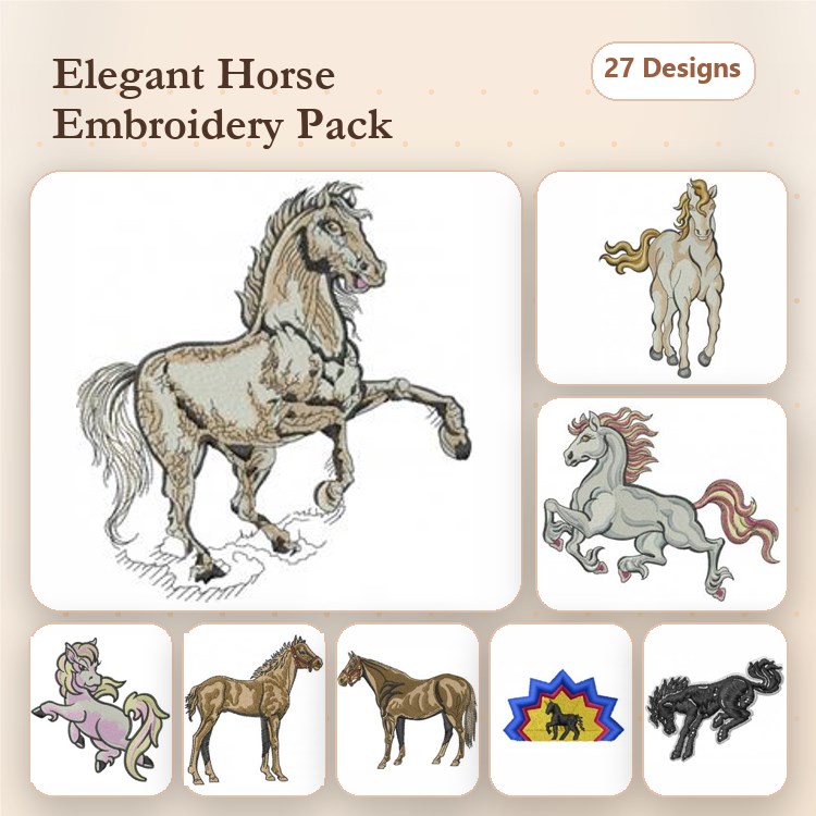 Elegant Horses Embroidery Designs Bundle – Rearing Horse, Galloping Horse, Saddle Horse & More (27 Designs)